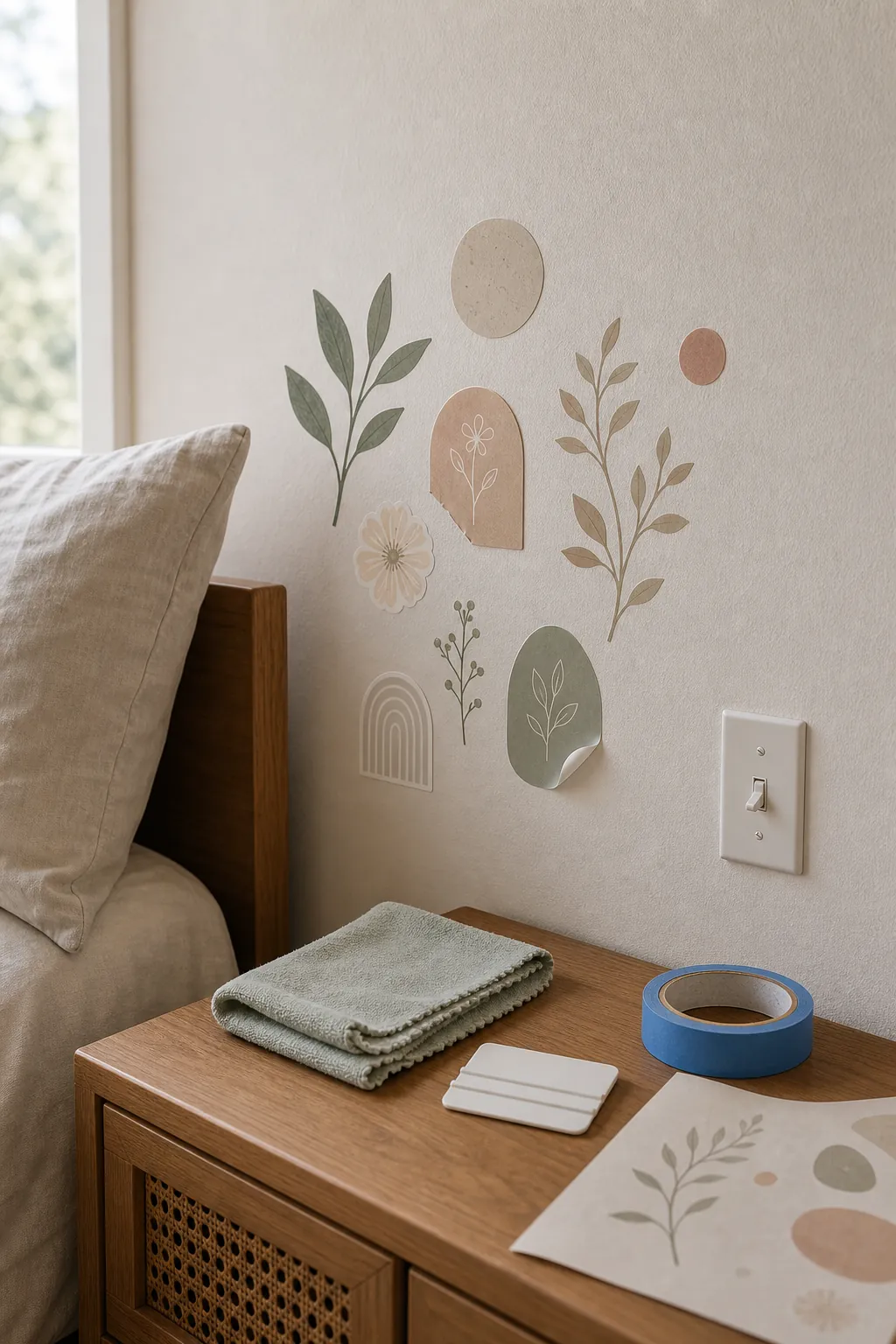 Small removable wall decal samples tested on a bedroom wall before applying the full layout