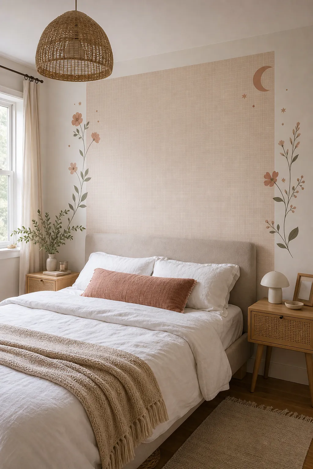 Peel-and-stick bedroom accent wall with soft floral removable decals around the edges