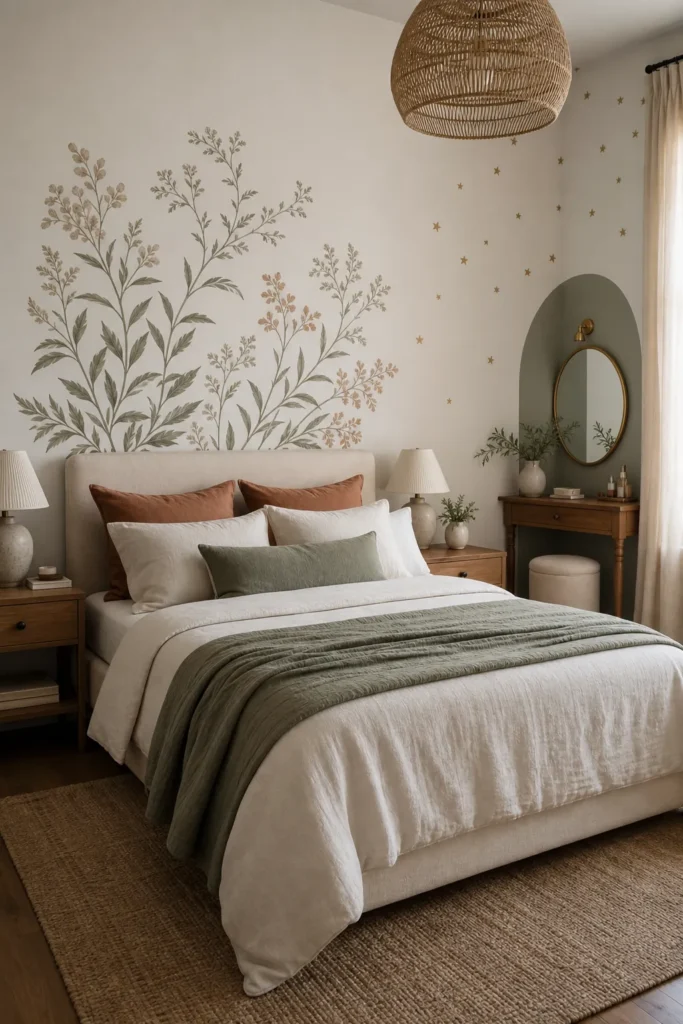 Stylish bedroom showing renter friendly removable wall decal ideas