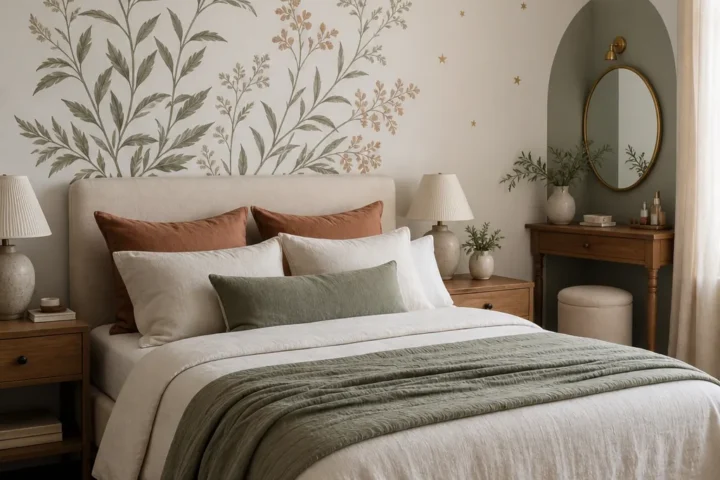 Stylish bedroom showing renter friendly removable wall decal ideas
