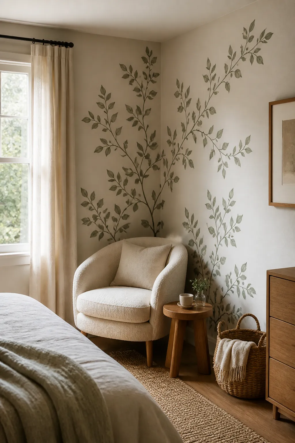 Bedroom corner styled with delicate botanical vine wall decals
