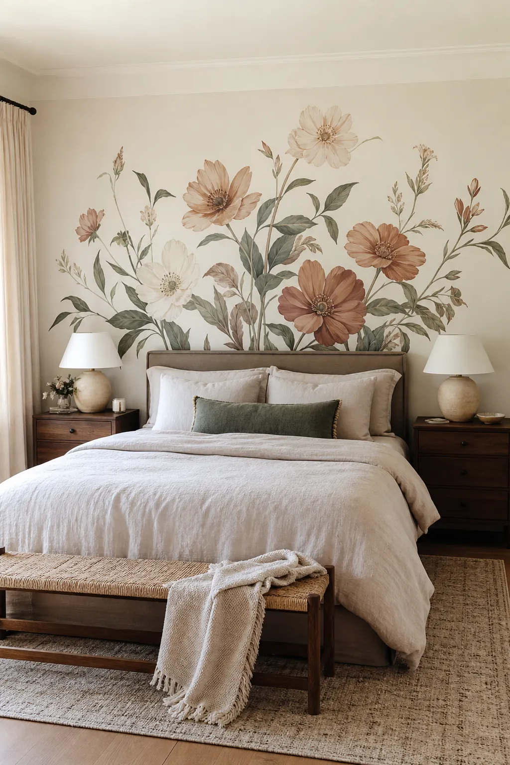 Bedroom with oversized floral wall decals behind a neutral upholstered bed