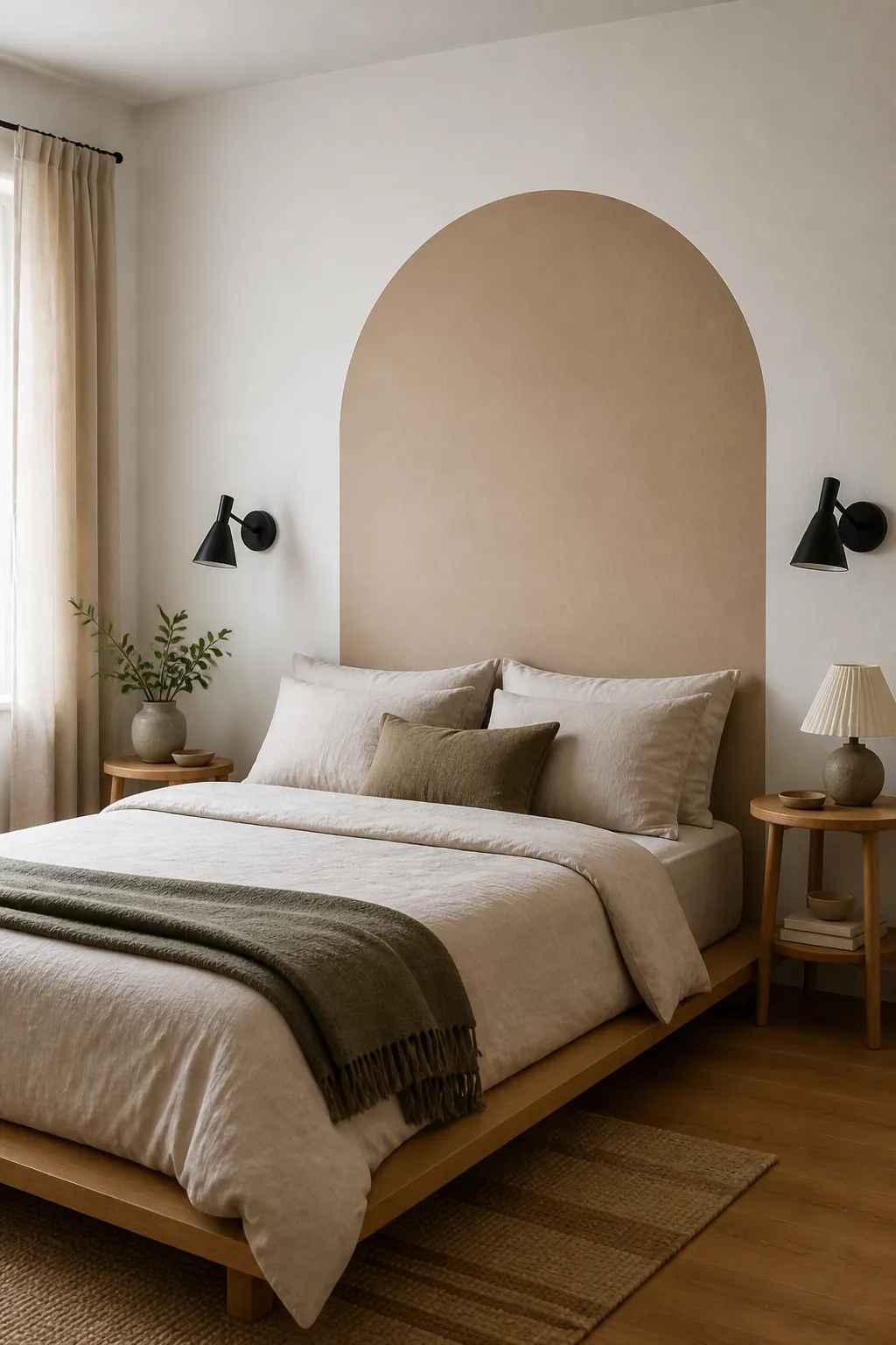 Minimal bedroom with a soft arch wall decal framing the bed