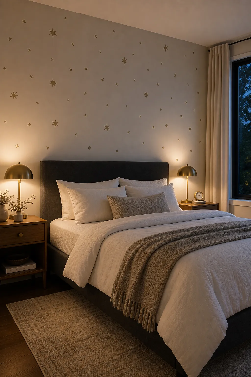 Adult bedroom with subtle scattered star wall decals above the bed