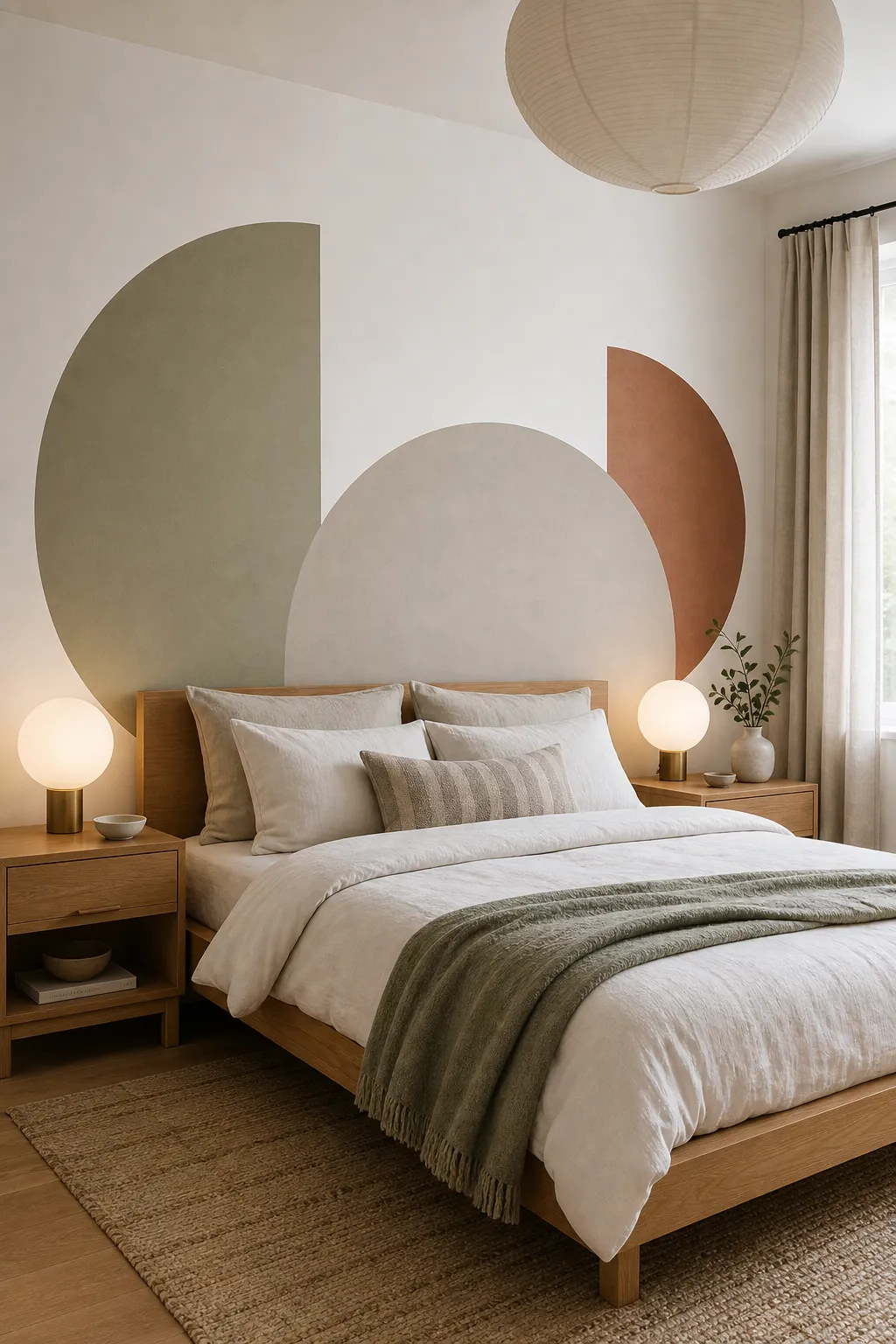 Modern bedroom accent wall with layered half circle geometric decals