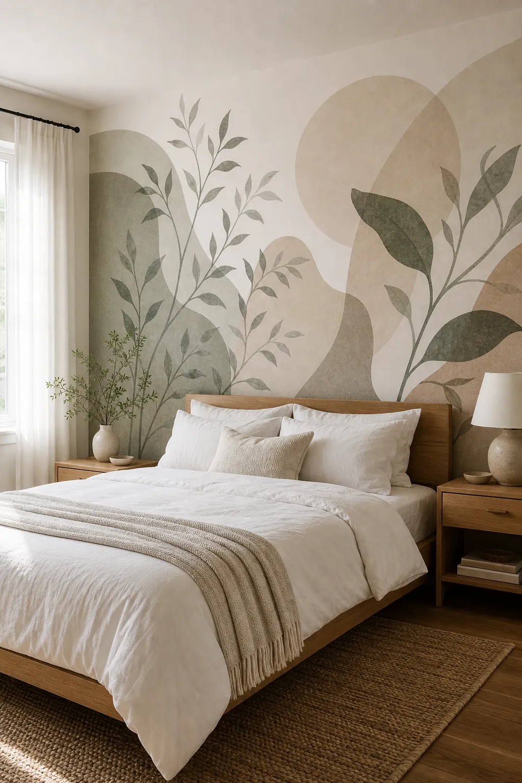 Bedroom with a large removable mural style wall decal as a feature wall