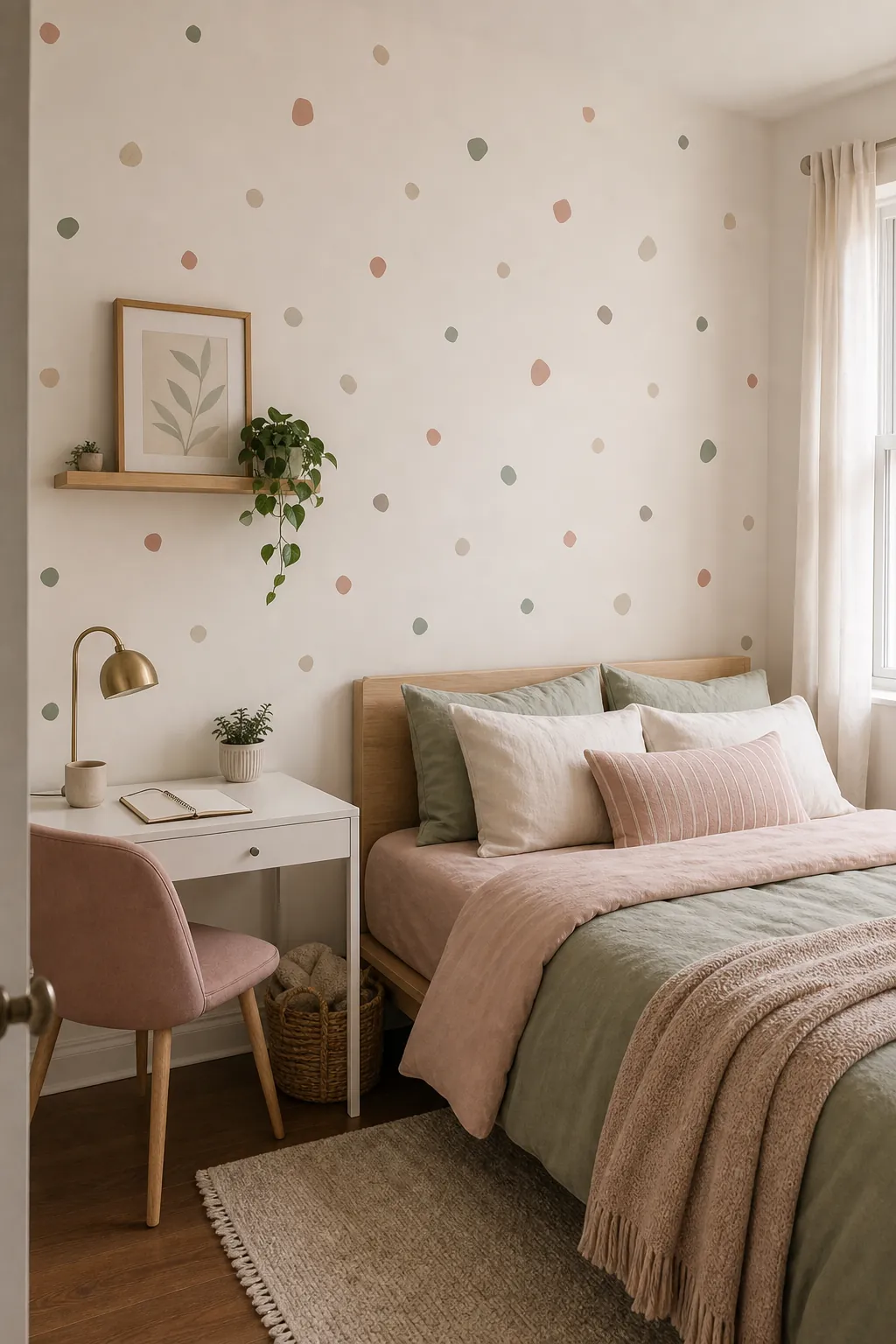 Rental bedroom wall decorated with small terrazzo dot removable stickers