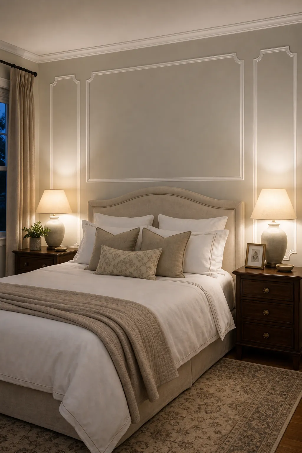 Bedroom wall framed with faux molding panel border decals around the bed