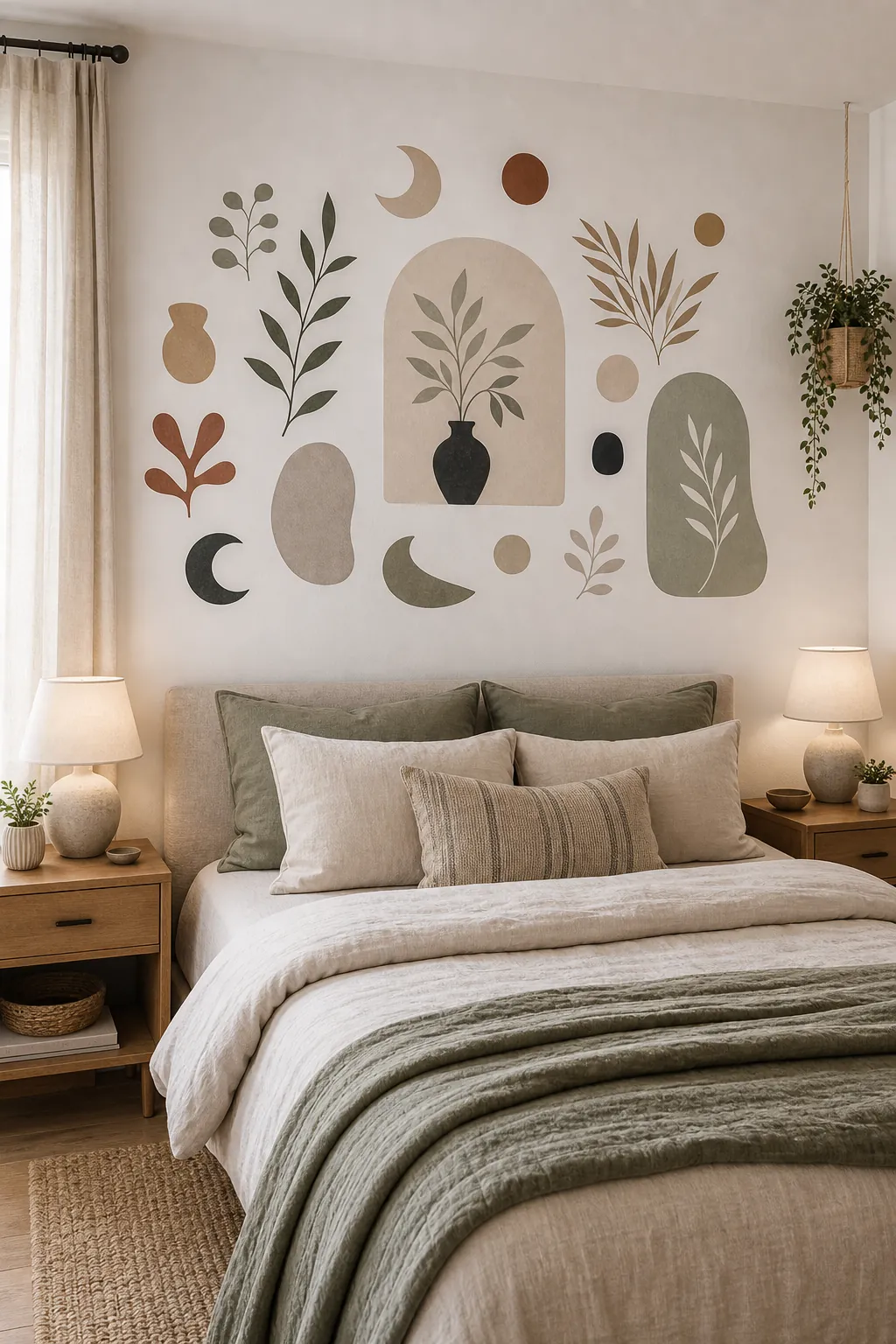 Bedroom wall with vinyl sticker art arranged like a gallery above the bed