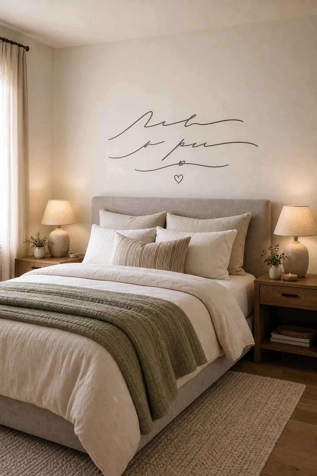 Bedroom with a subtle quote style wall decal above a headboard