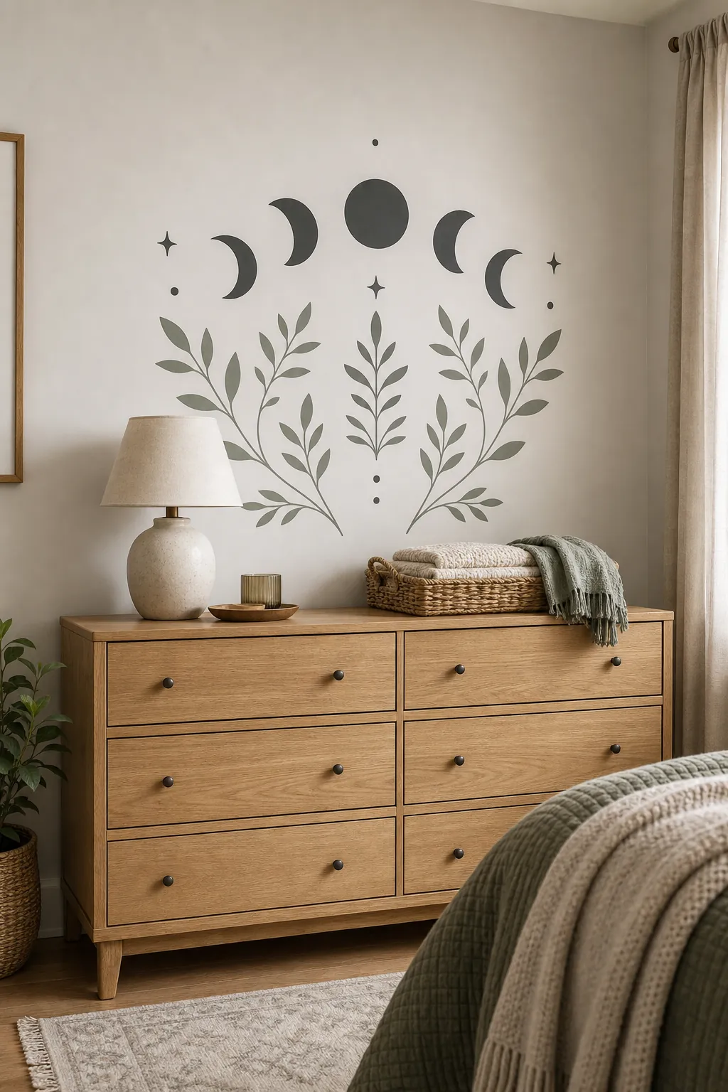 Bedroom with a custom Cricut style removable vinyl wall decal motif above a dresser