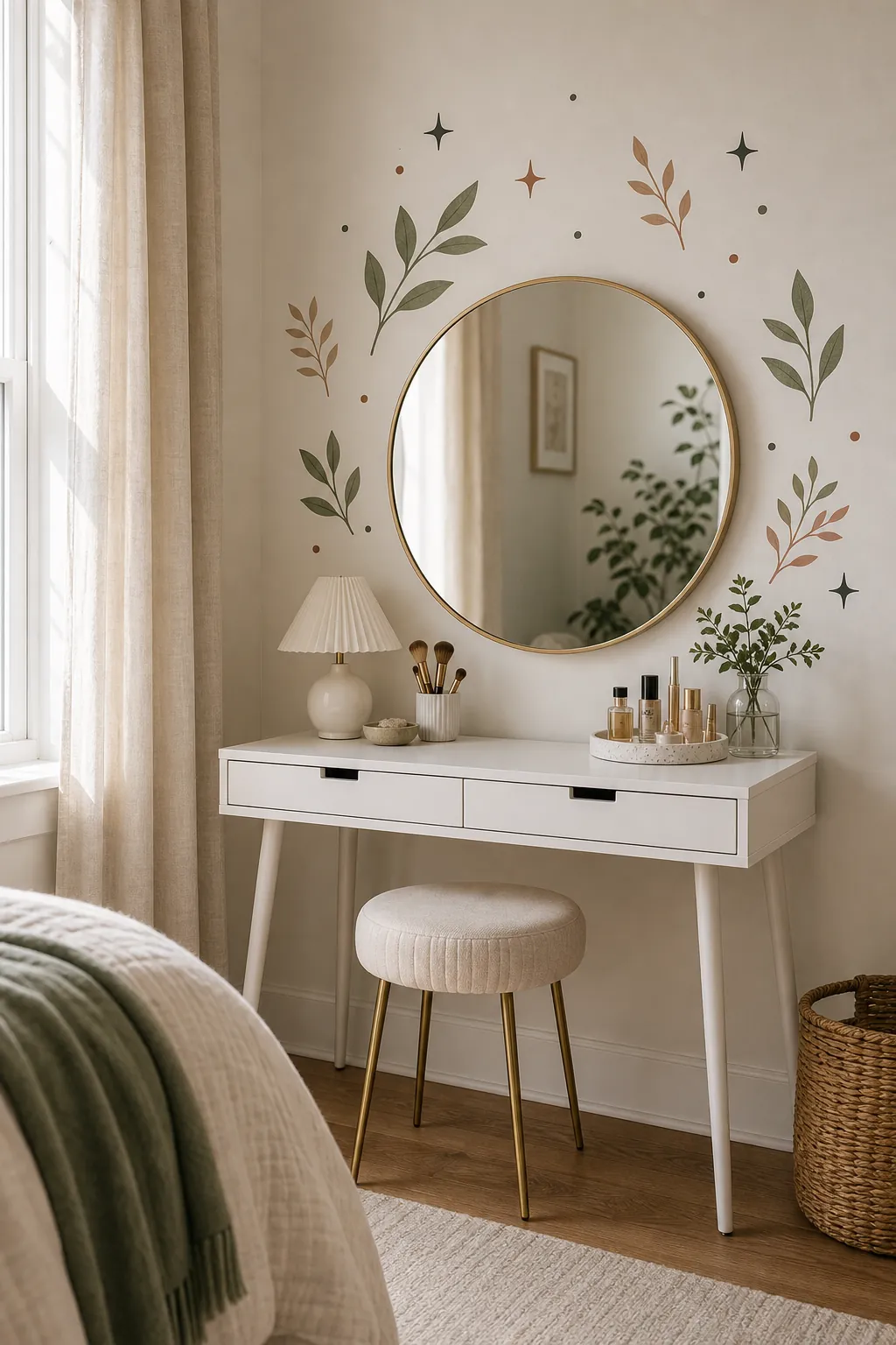 Bedroom vanity mirror surrounded by small removable wall decals