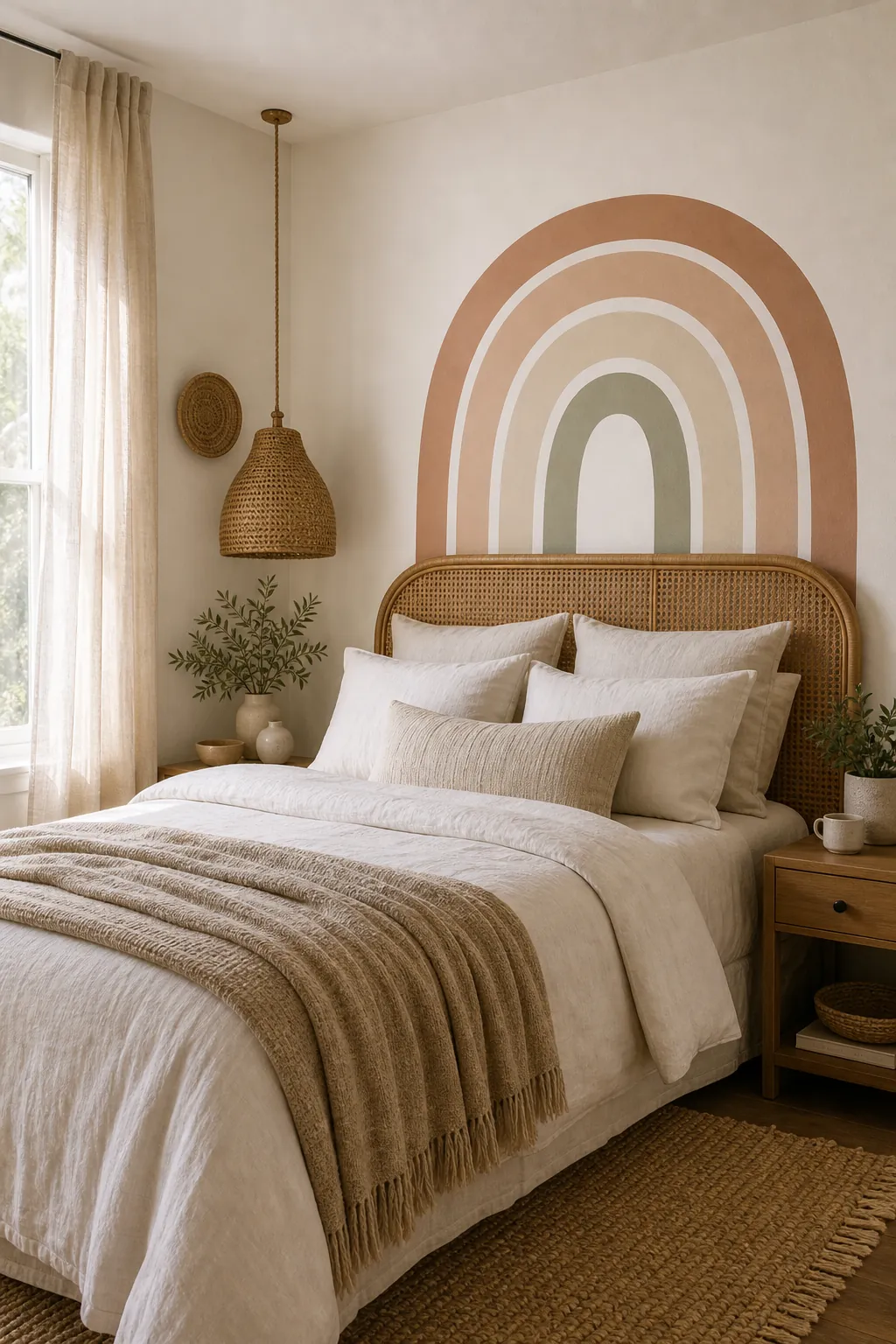 Boho bedroom with neutral rainbow removable wall decals