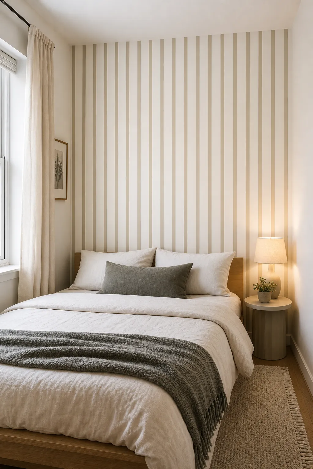 Small bedroom with narrow vertical stripe decals that make the wall look taller