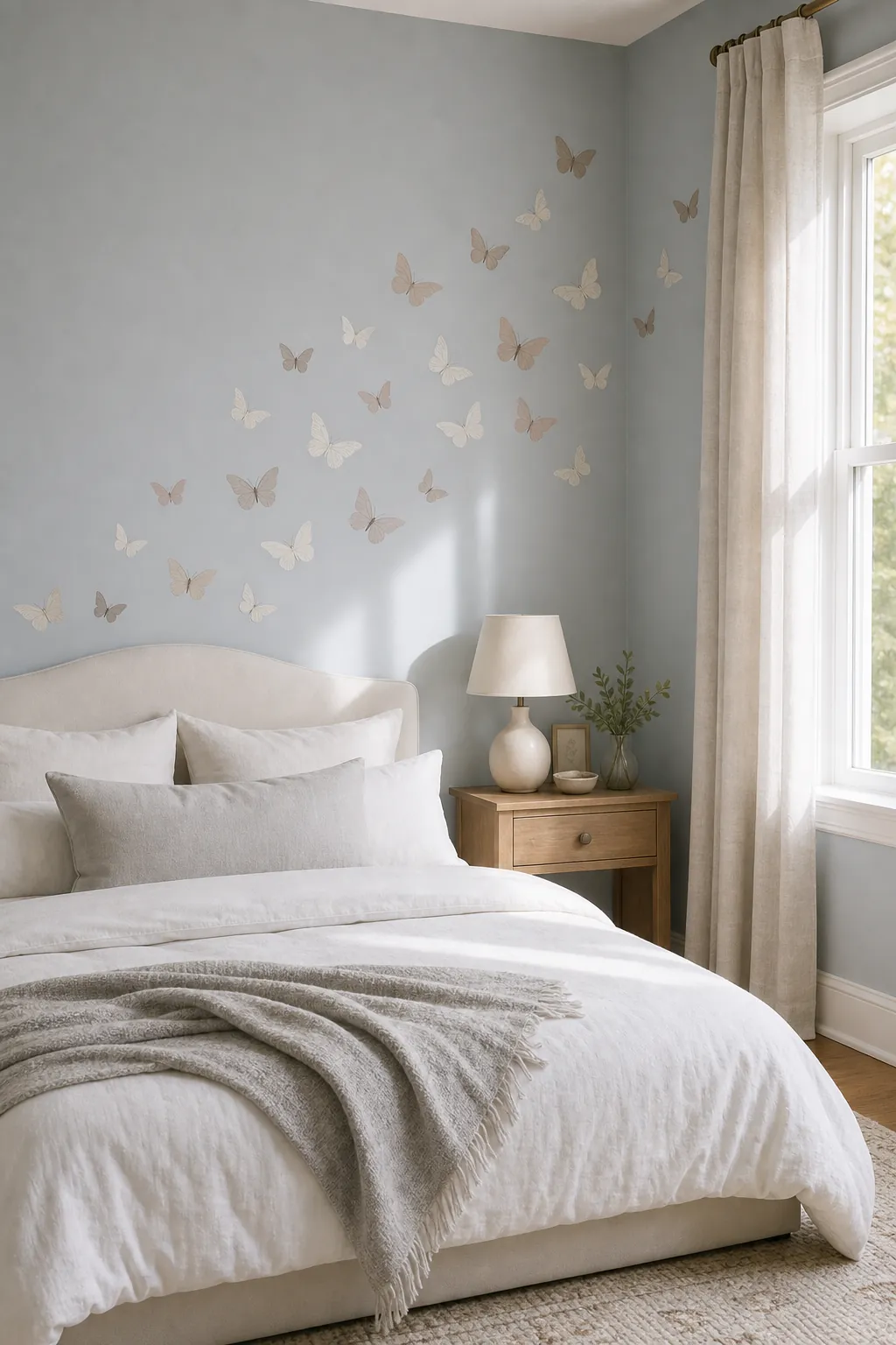 Bedroom wall with airy butterfly decals spaced lightly above bedding