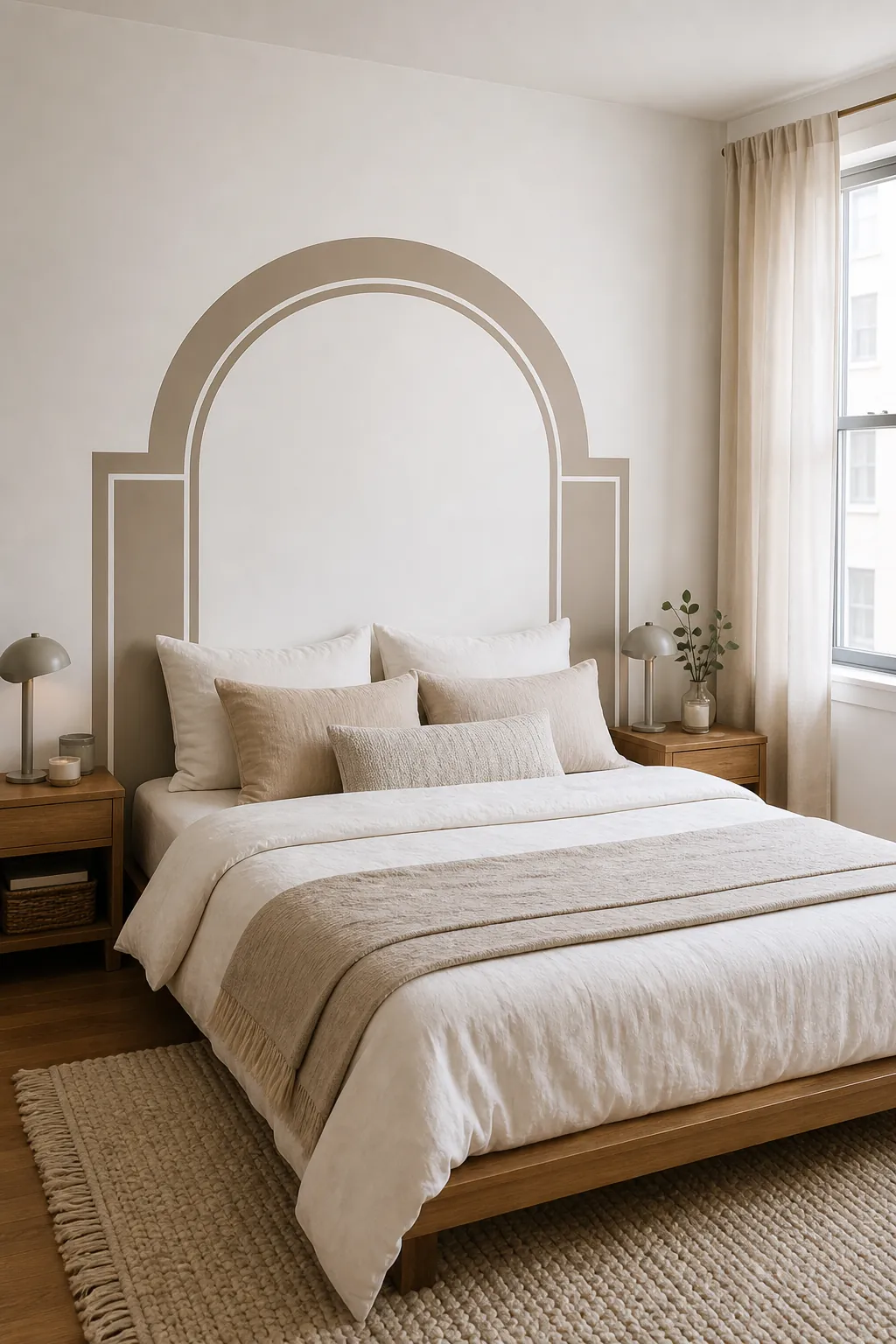 Bedroom without a headboard using a removable wall decal to frame the bed