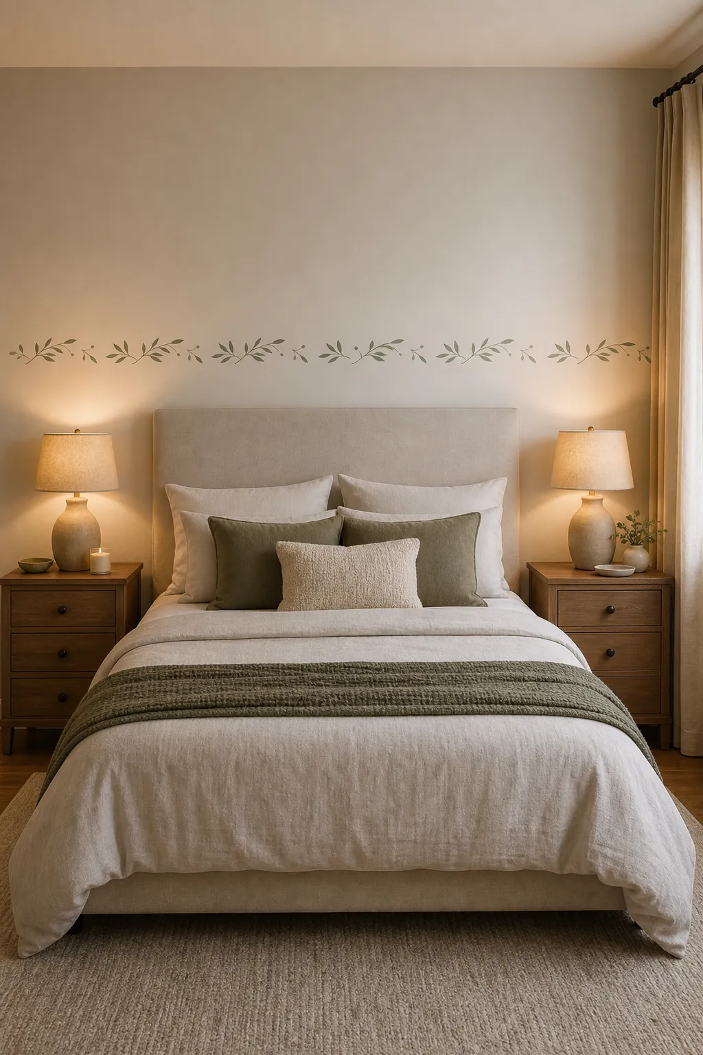 Bedroom with a removable decal border running above matching nightstands