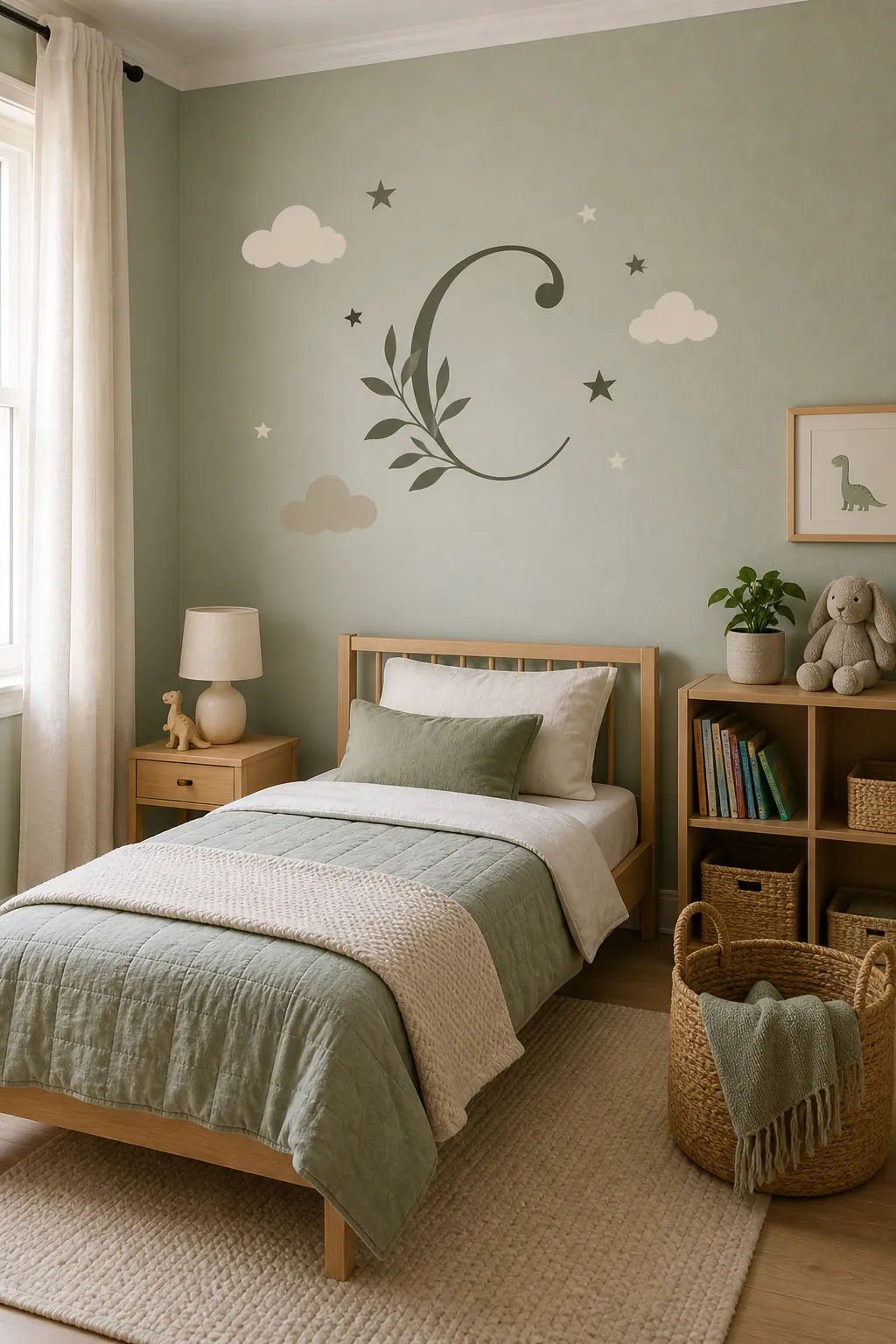 Clean kids bedroom with a name style removable wall decal above the bed