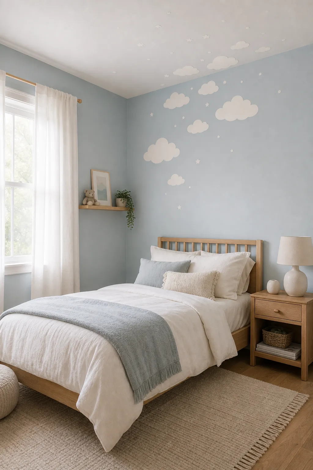 Bedroom with cloud decals drifting from upper wall toward the ceiling
