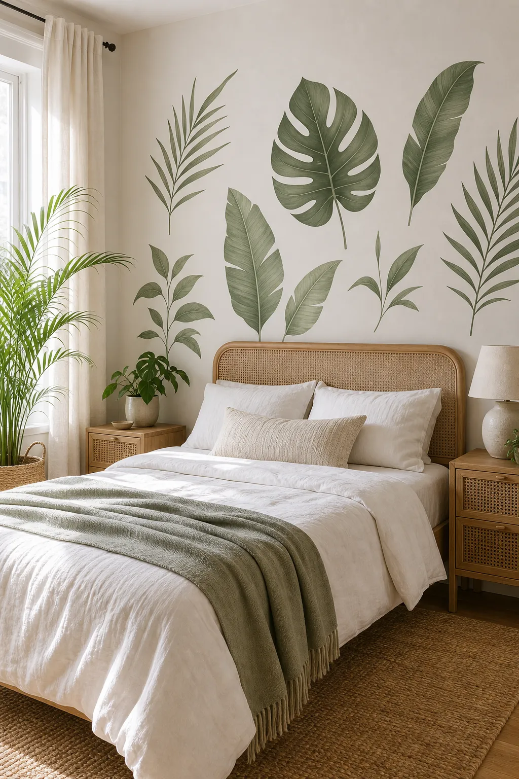 Nature themed bedroom with oversized leaf wall decals behind the bed