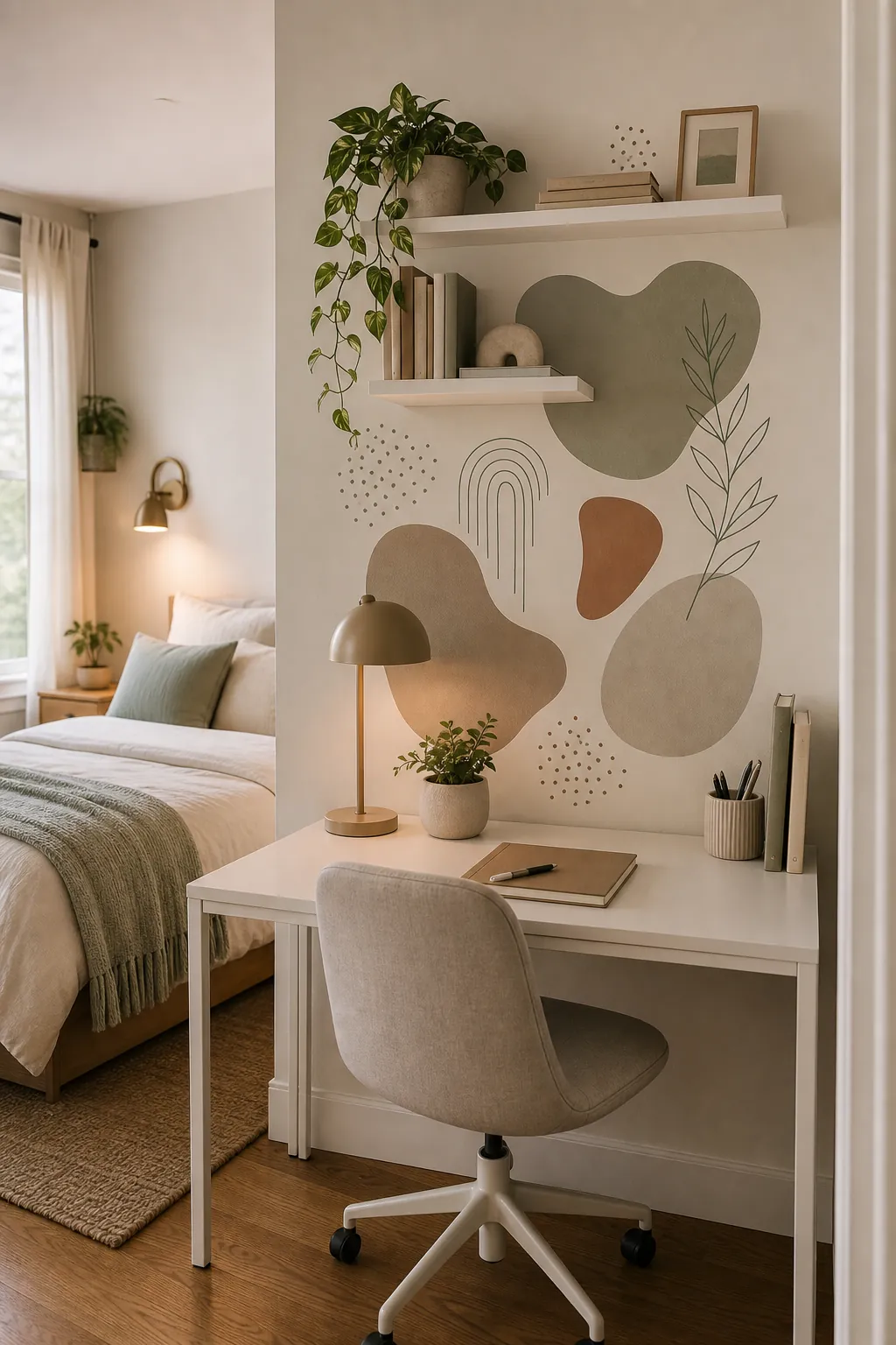 Bedroom desk nook decorated with removable wall decals and simple shelves