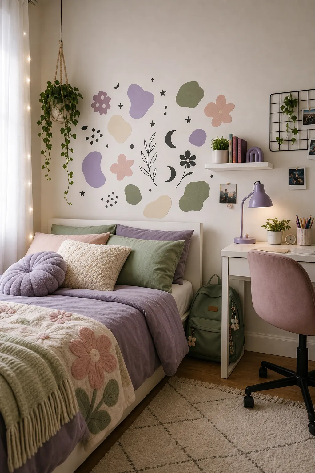 Teen bedroom with a coordinated sticker wall art set above the bed