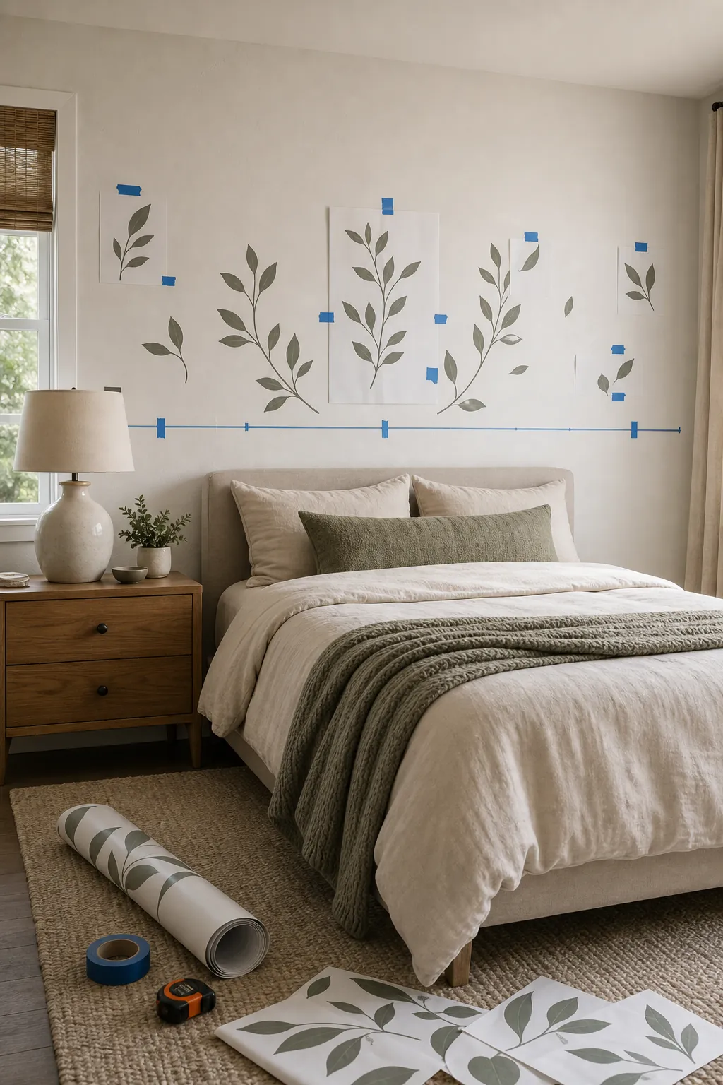 Bedroom wall with removable decals laid out carefully before full installation