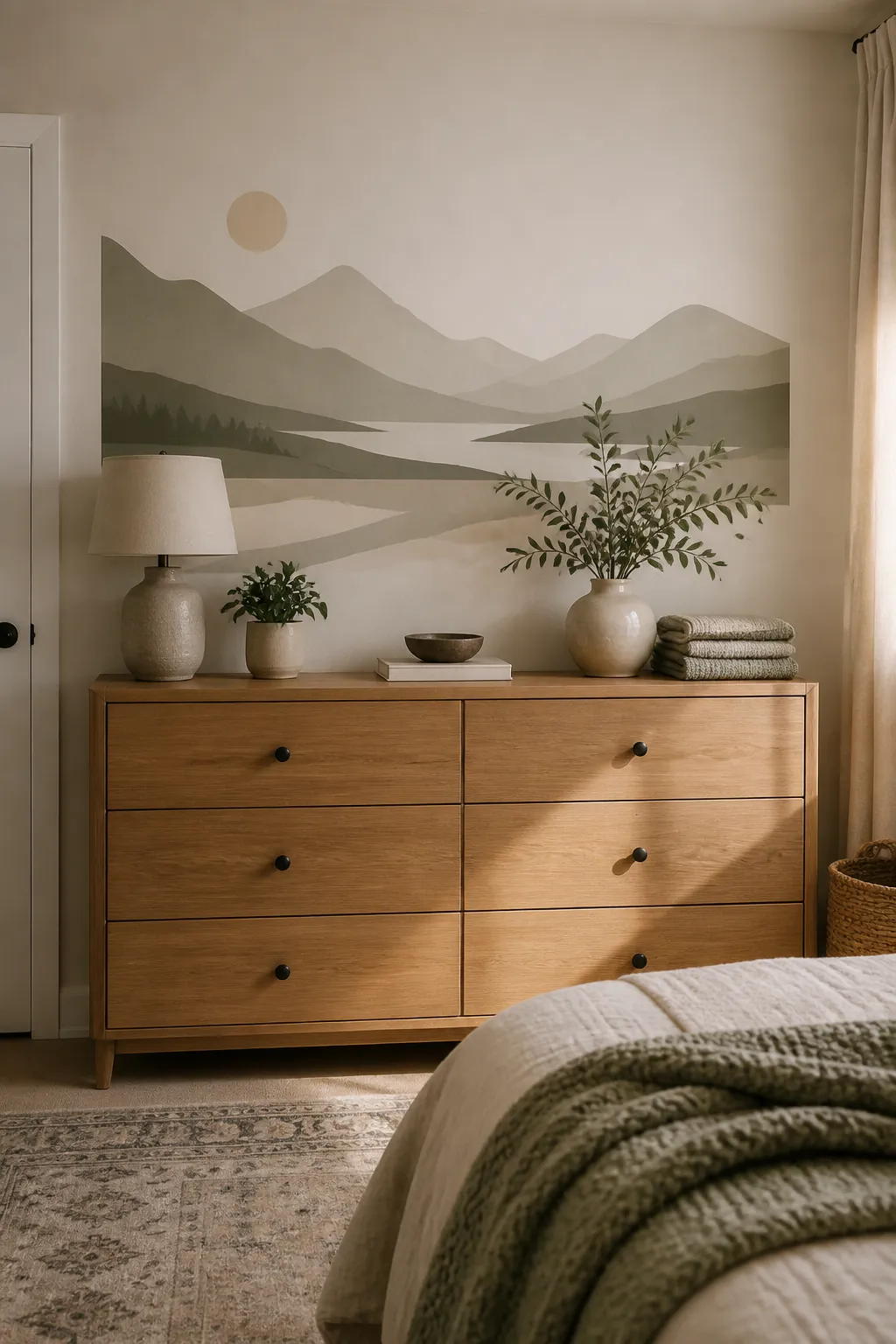 Bedroom dresser wall with a soft landscape removable wall decal