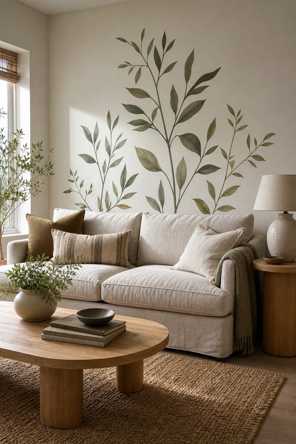 Oversized botanical wall decor sticker behind a neutral sofa