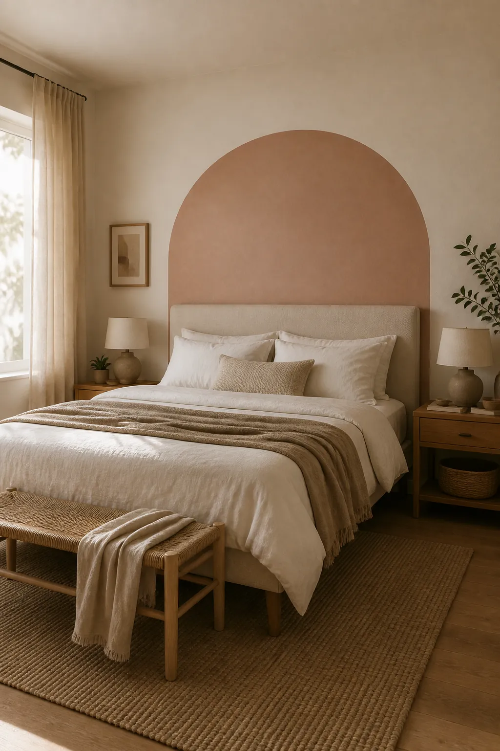 Muted arch wall sticker used as a renter friendly bedroom headboard