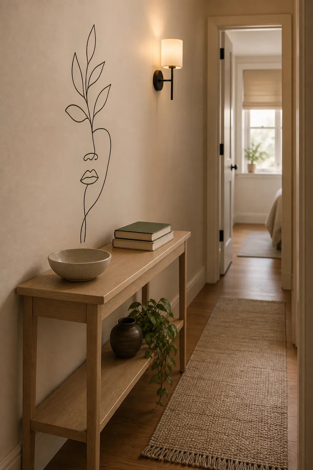 Minimal line art wall decal in a narrow hallway with a console table