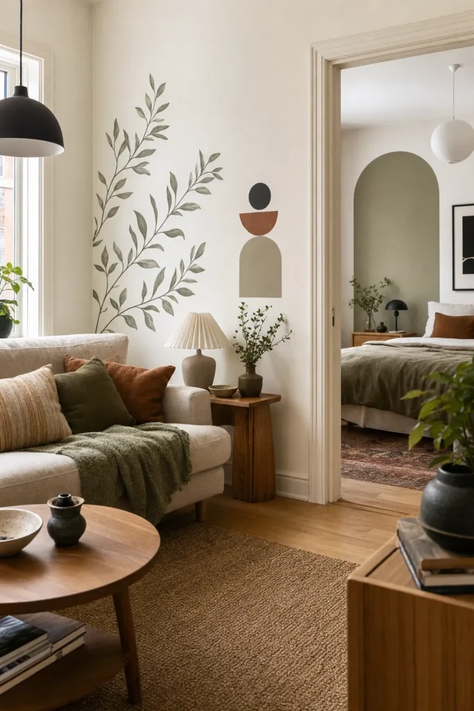 A stylish room with renter friendly wall decor stickers arranged as intentional interior accents