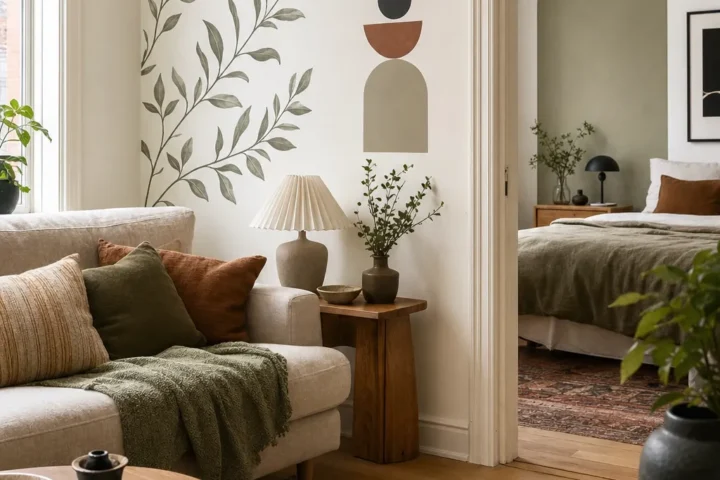 A stylish room with renter friendly wall decor stickers arranged as intentional interior accents