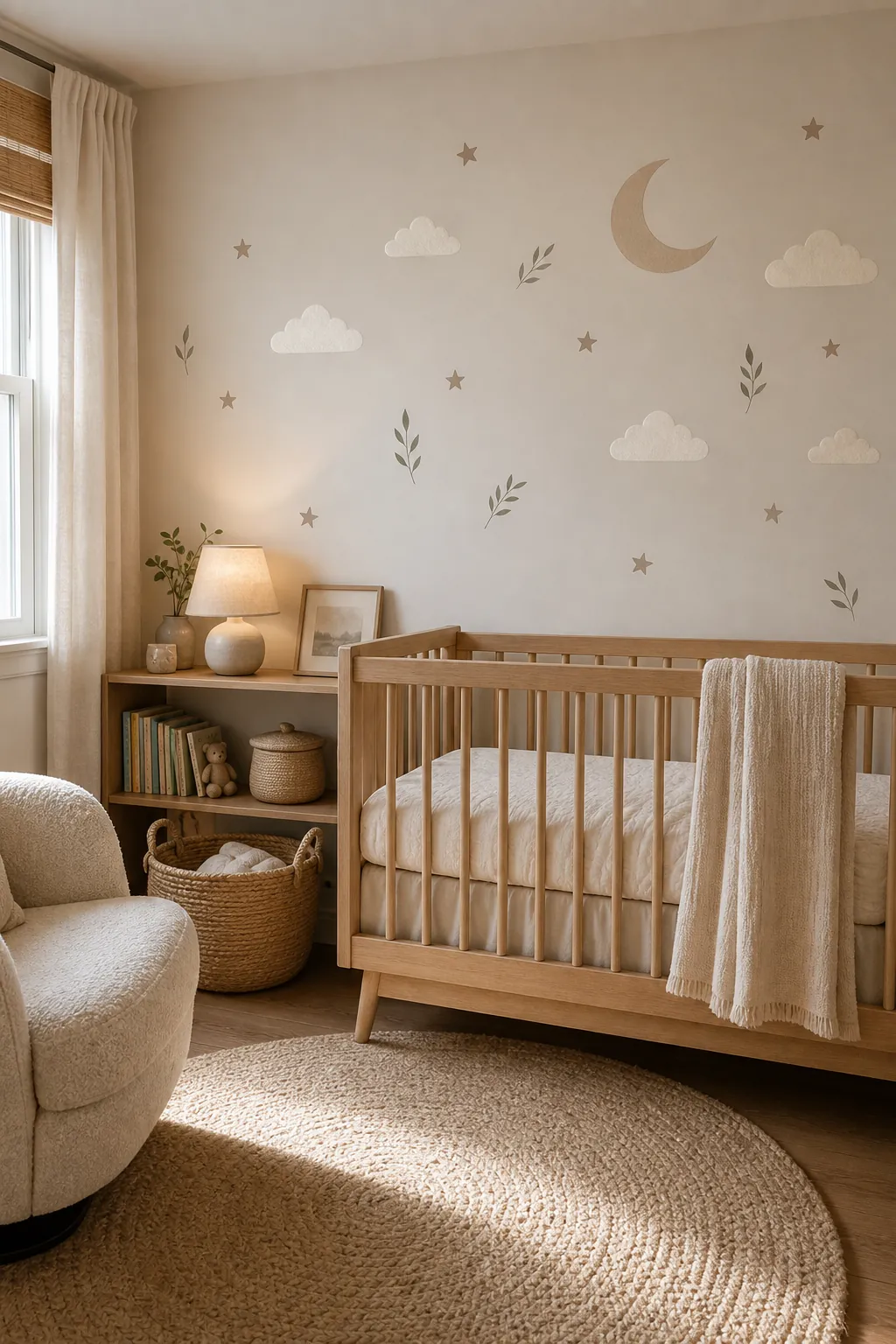 Soft nursery wall decals with clouds and stars on a calm bedroom wall