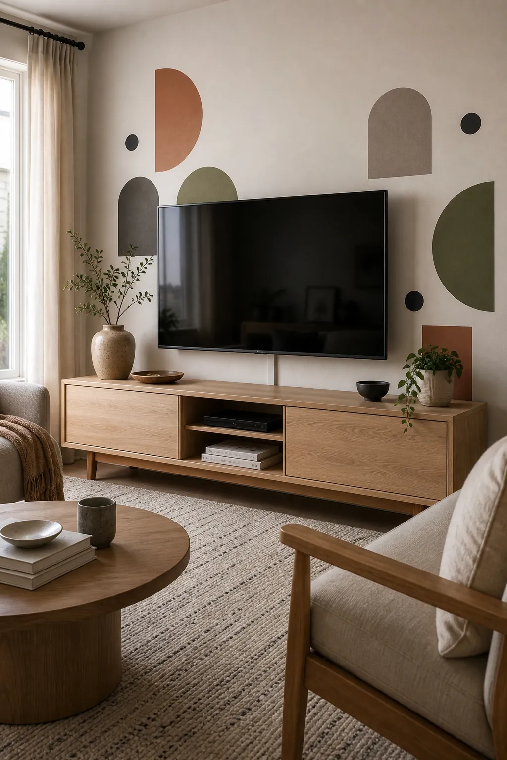 Modern geometric wall stickers around a living room TV wall