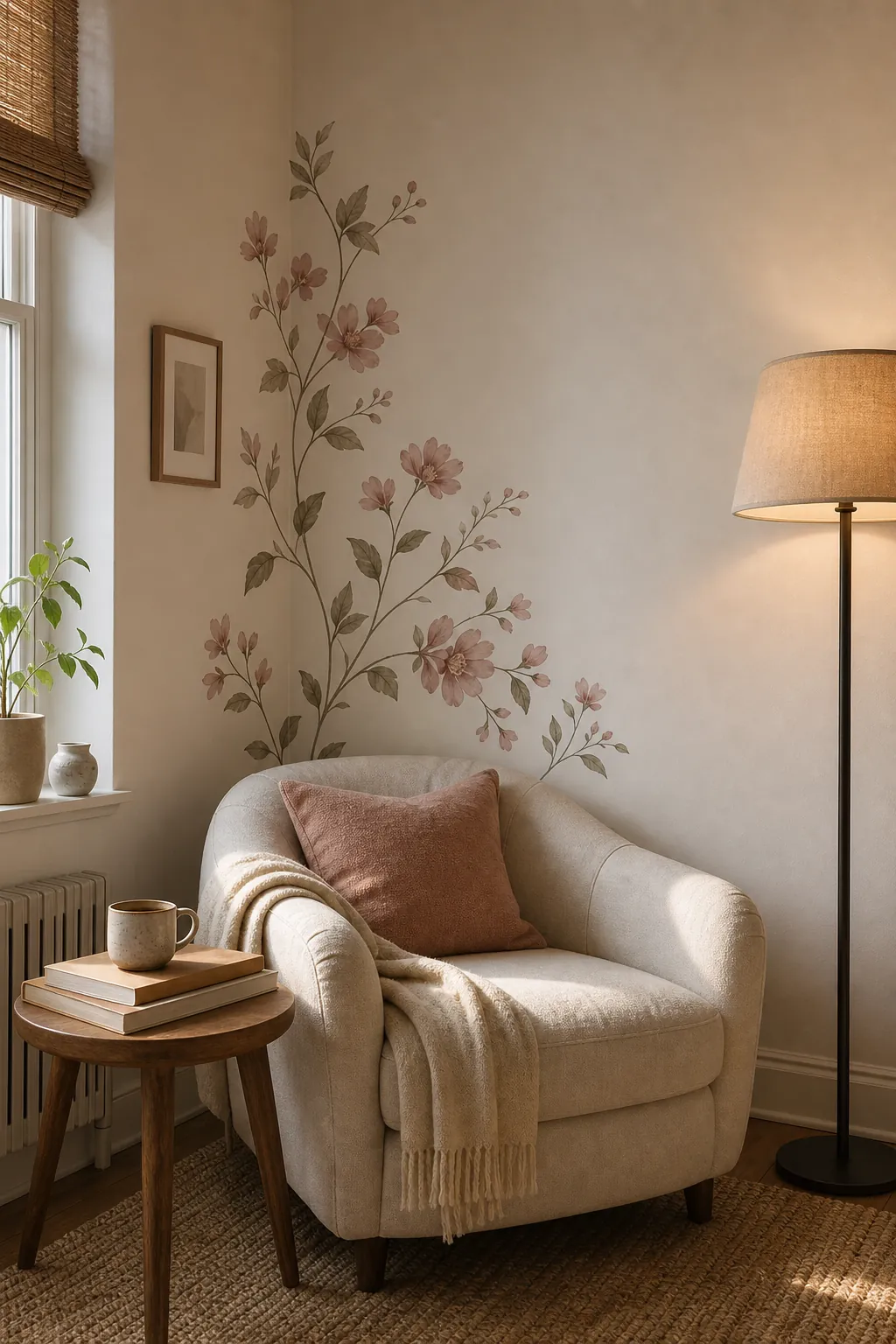 Floral corner wall decal around a cozy reading nook chair