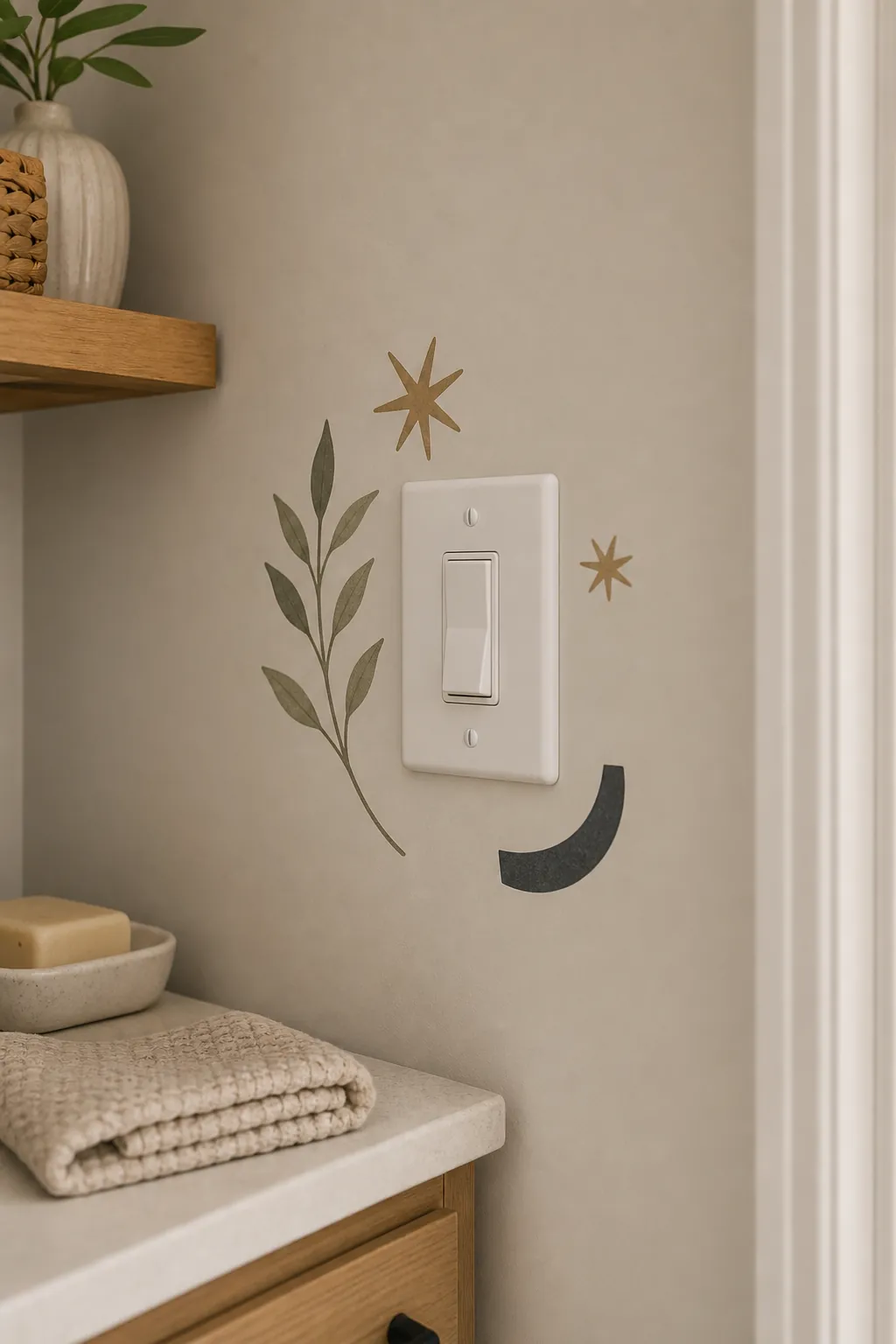 Tiny playful wall sticker detail around a light switch