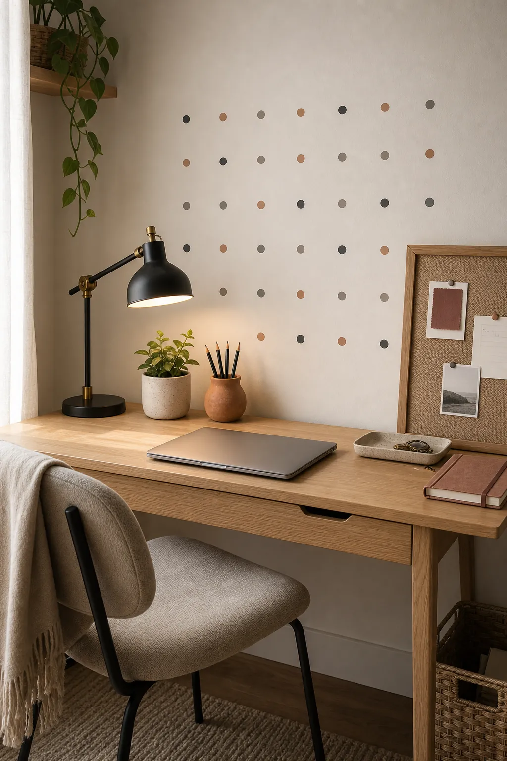 Minimal dot grid wall decals above a compact home office desk