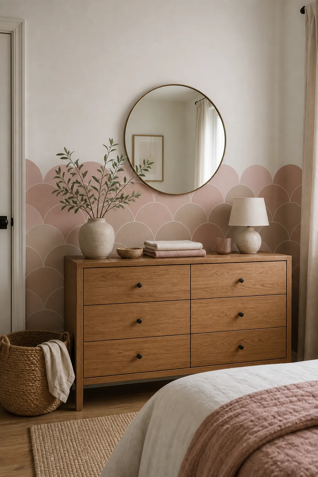Half wall scallop decals behind a bedroom dresser