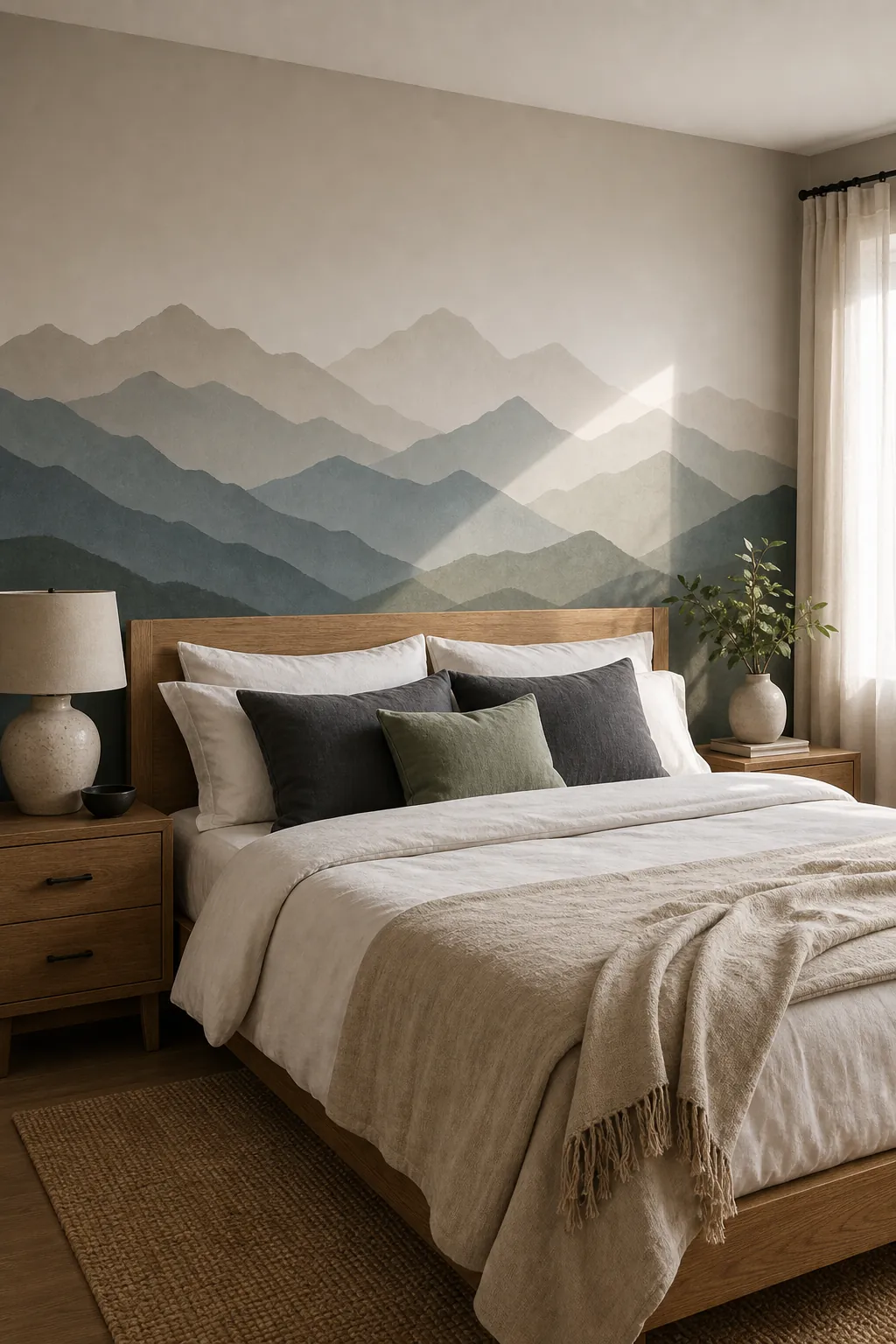 Layered mountain wall decal behind a calm bedroom bed