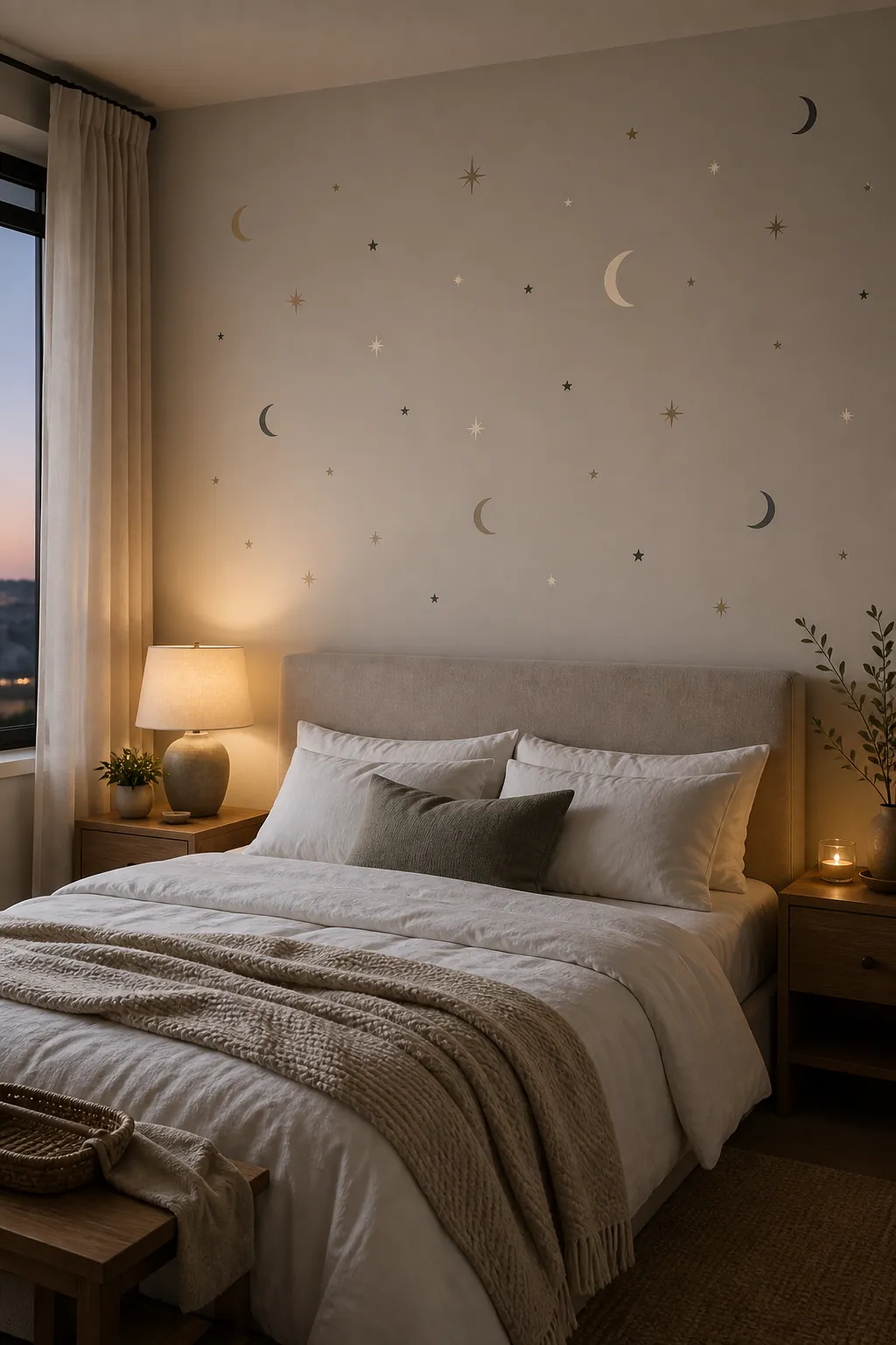 Minimal celestial wall decals above a serene bedroom bed