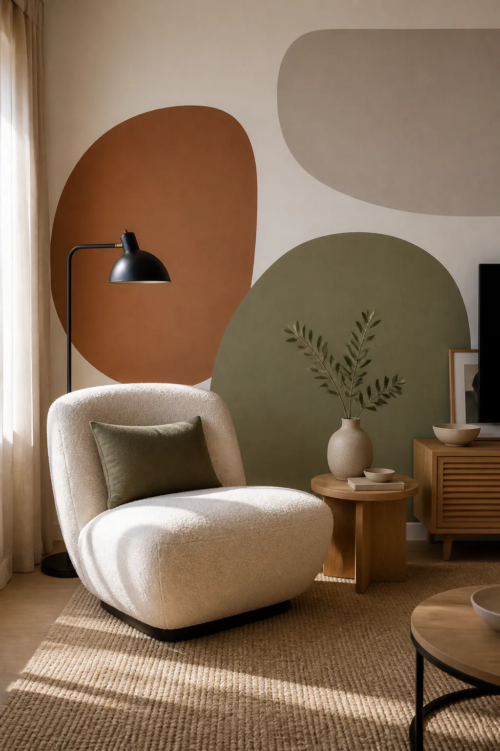 Large abstract wall decals in a modern living room corner