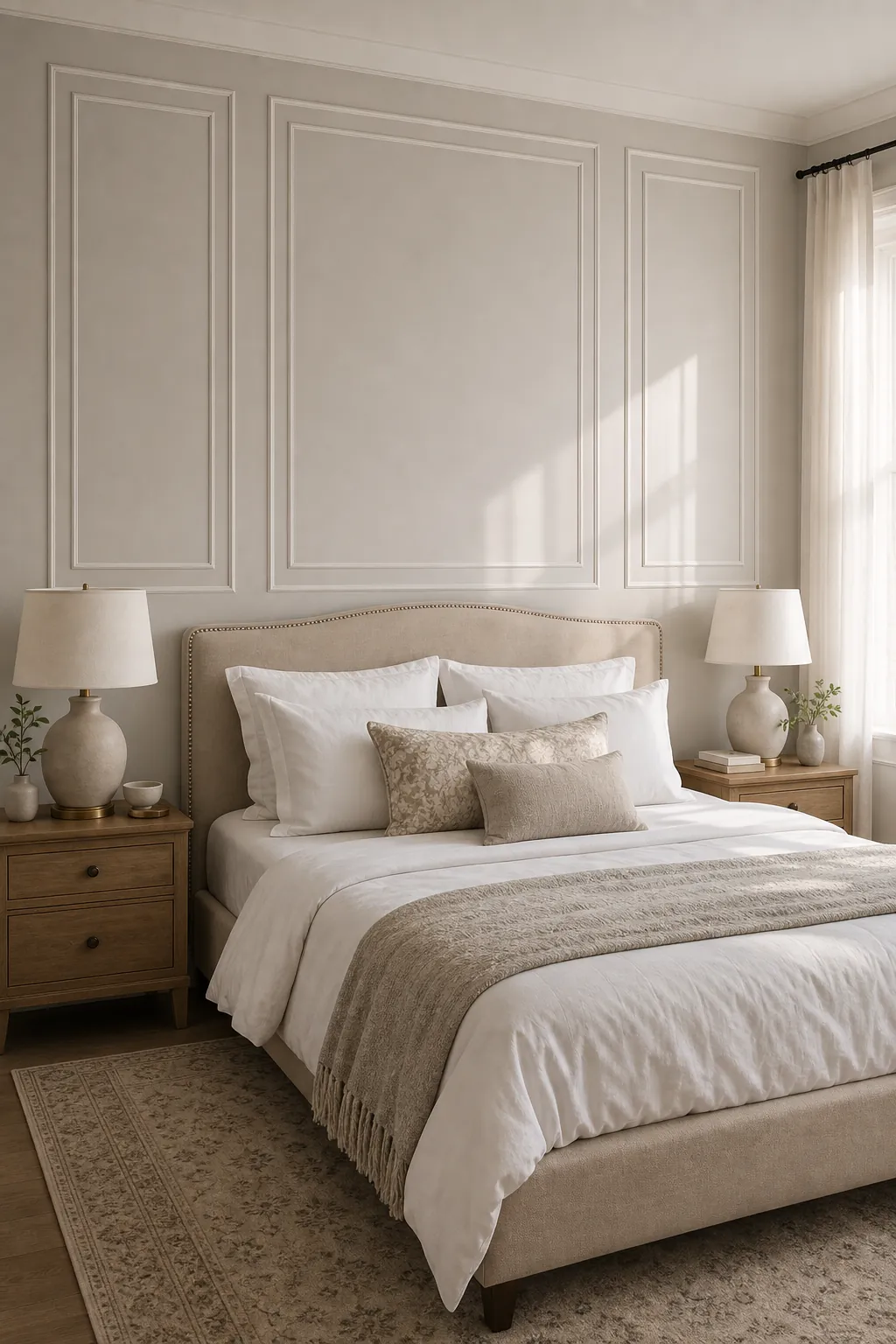 Faux panel molding wall decals behind an upholstered bed