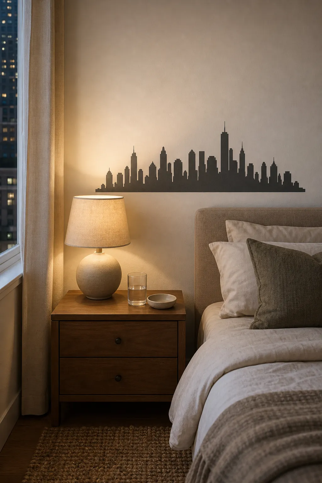 Small city skyline wall decal above a bedroom nightstand