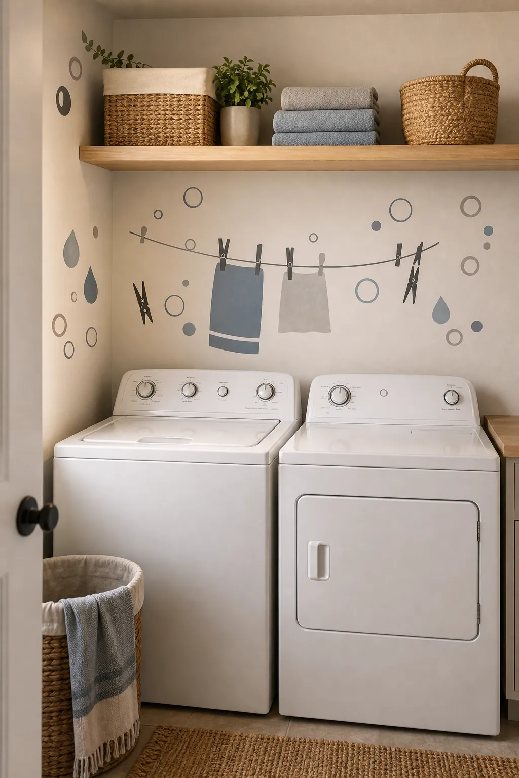 Playful laundry room wall decals above a washer and dryer