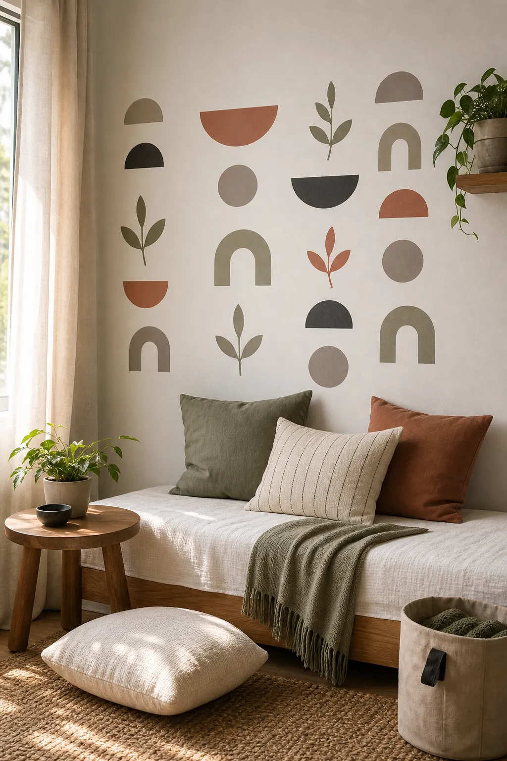 DIY vinyl wall stickers in repeating organic shapes on a bedroom wall