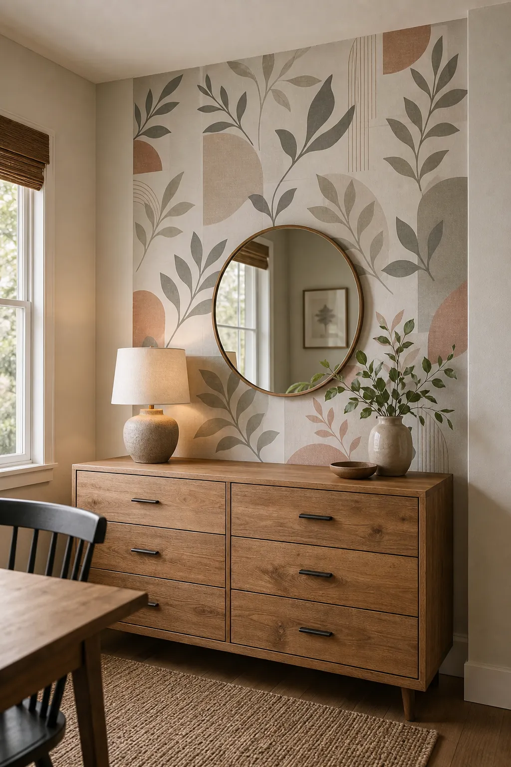 Removable sticker panels creating a small accent wall behind a dresser