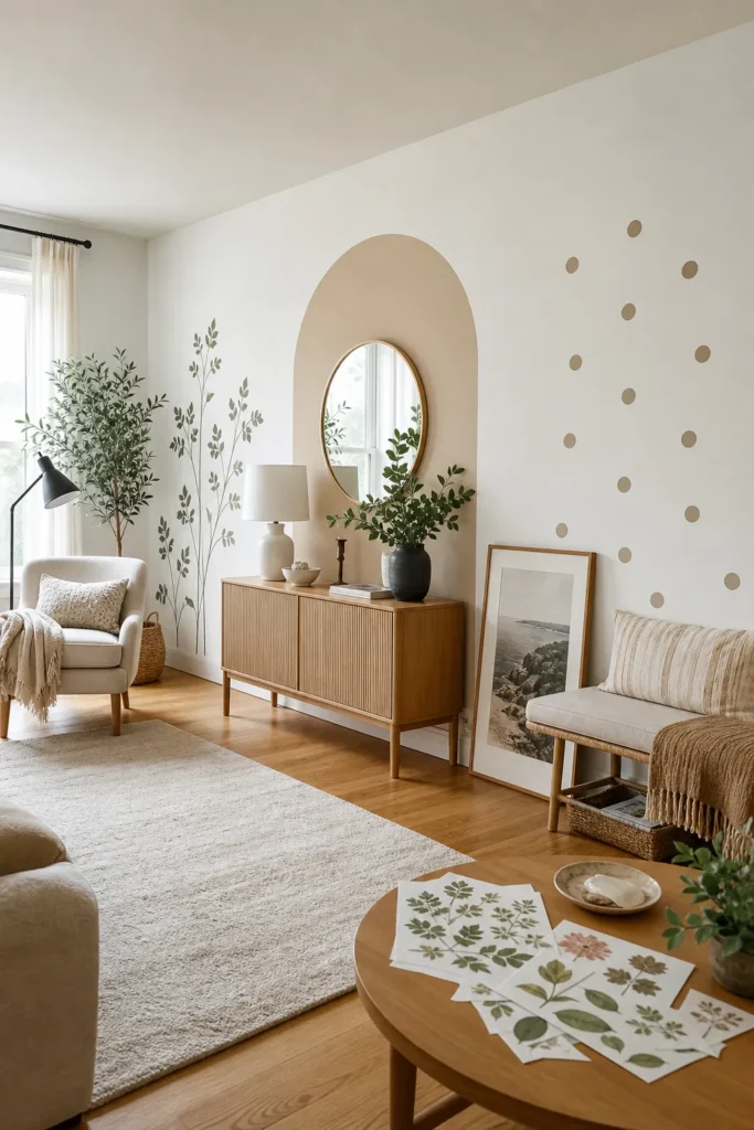 Stylish removable wall sticker ideas shown across a bright modern apartment wall
