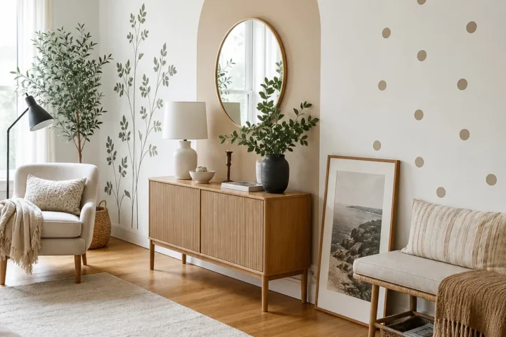 Stylish removable wall sticker ideas shown across a bright modern apartment wall