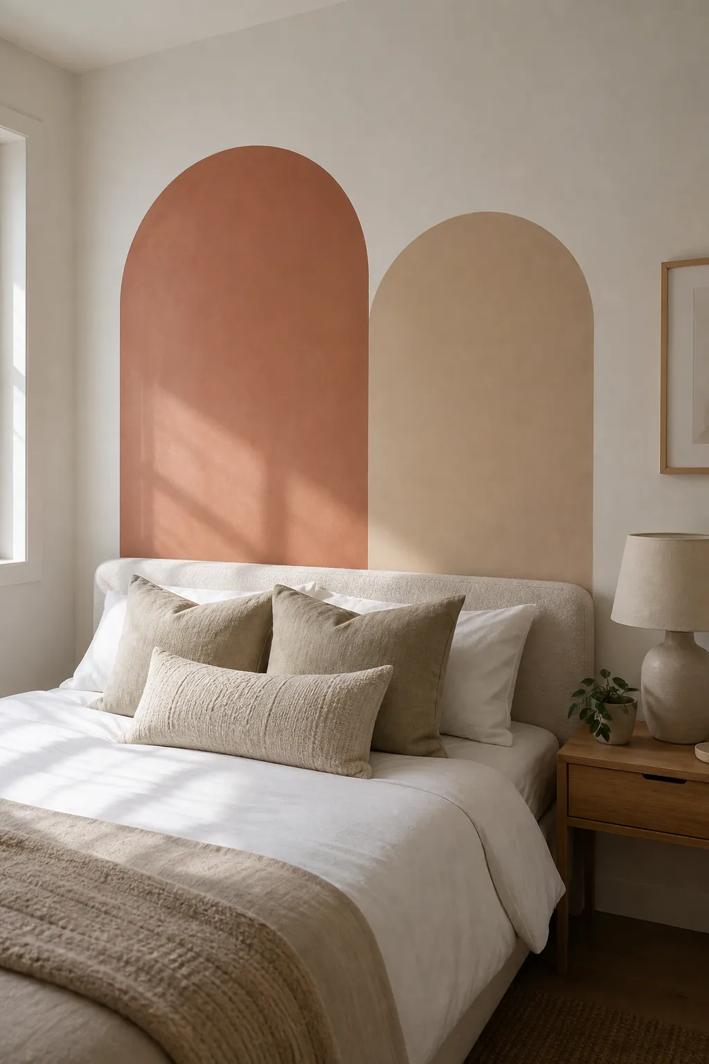 Bedroom wall decals forming soft arch shapes behind a bed as a renter friendly faux headboard